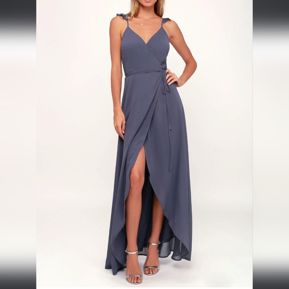 Lulus Here's to Us Denim blue high low wrap dress Wedding Guest Dress